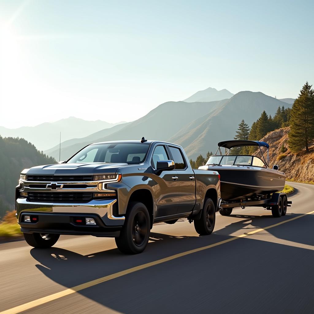 2022 Chevrolet Silverado 1500 towing a boat on a scenic highway