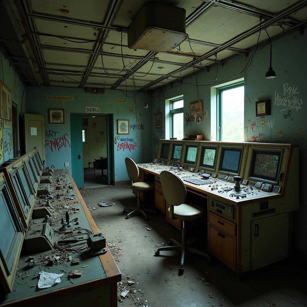 Abandoned Research Facility Control Room with Decayed Consoles