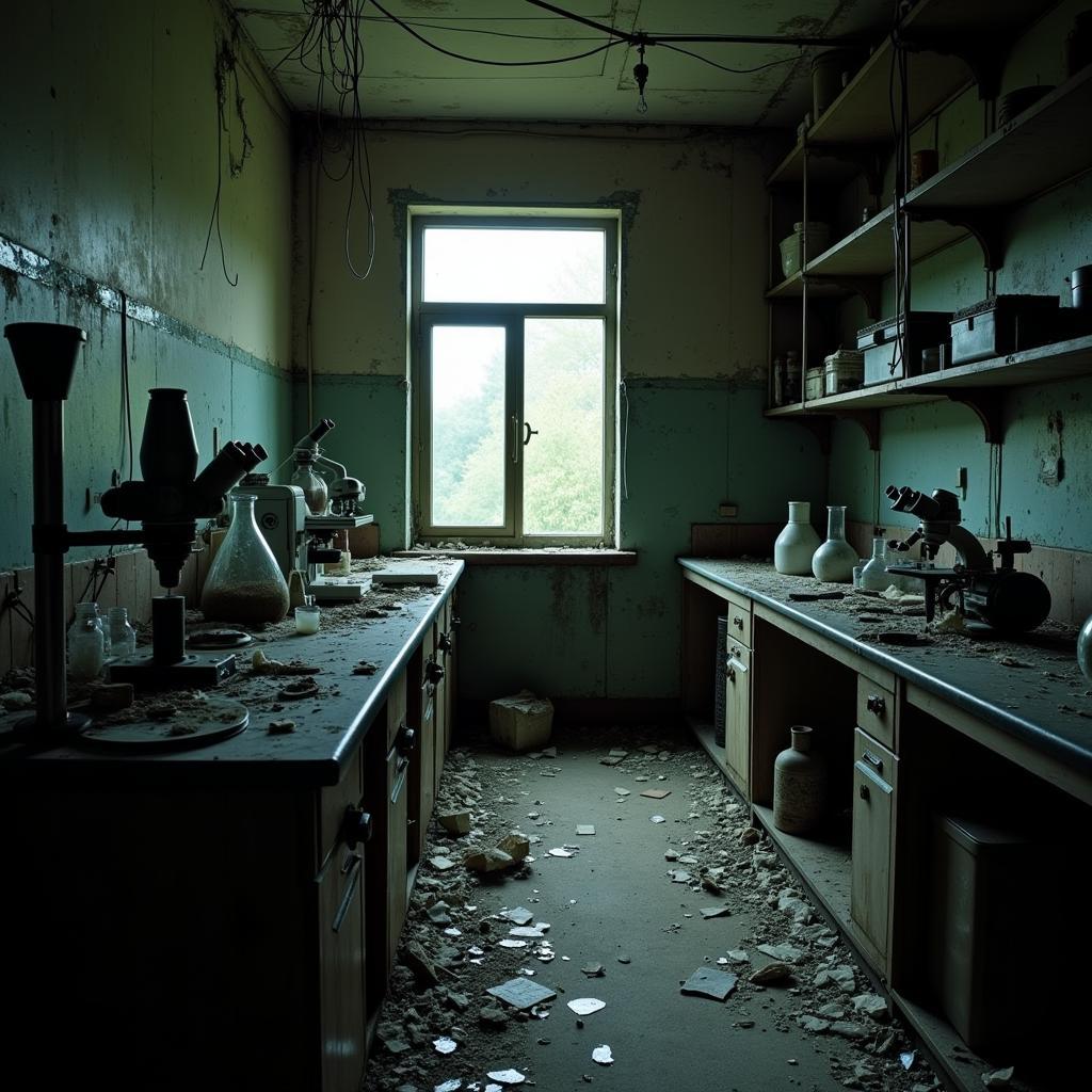 Abandoned Research Facility Interior with Lab Equipment