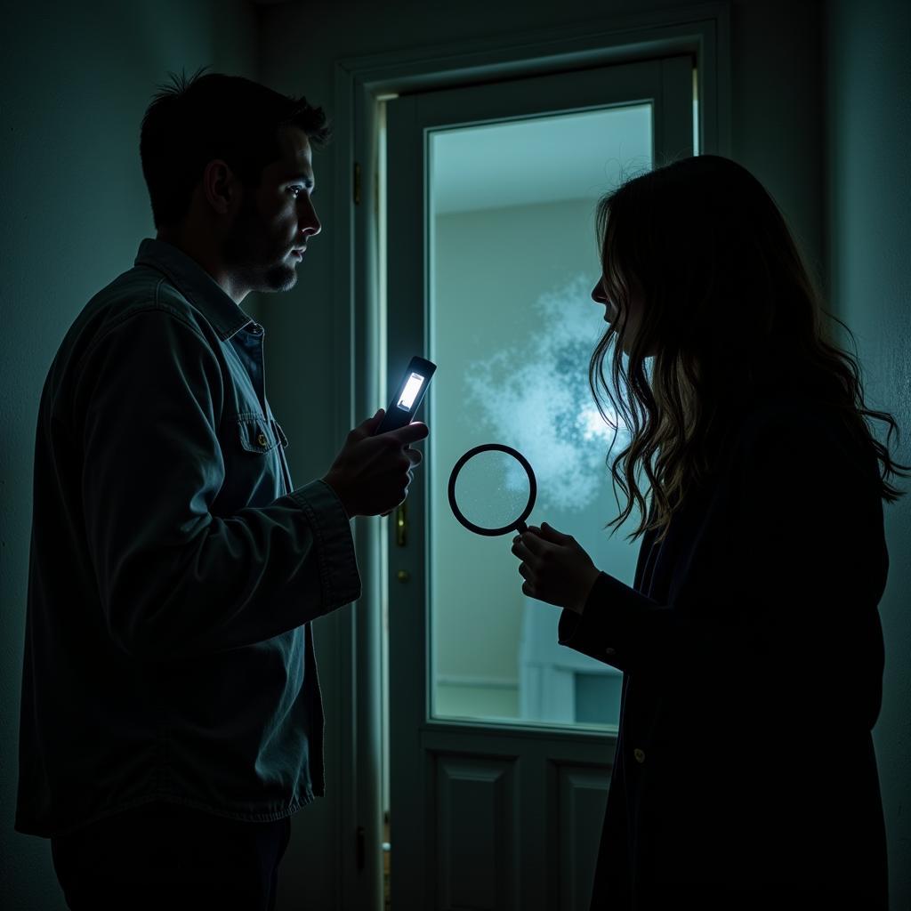 Paranormal investigators examining glass for evidence