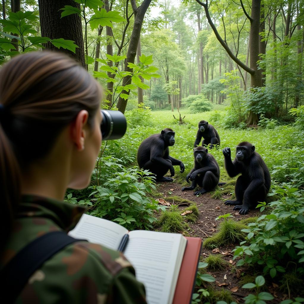 Researcher Observing Primates in Natural Habitat