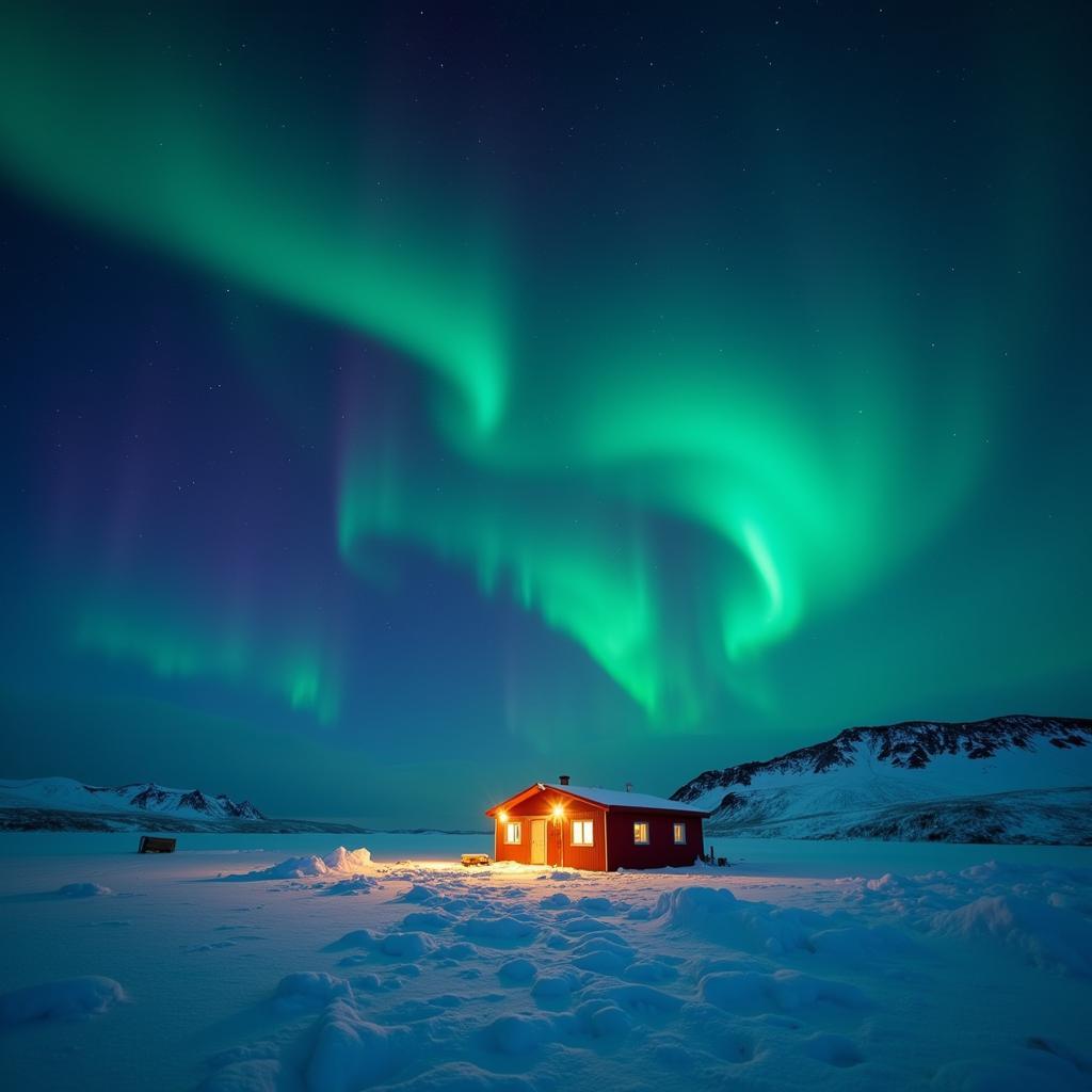 Arctic research base with northern lights illuminating the night sky