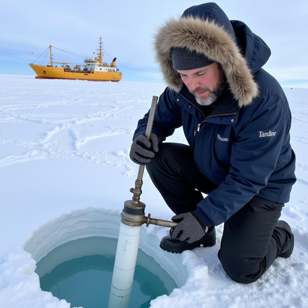 Arctic research scientist collecting ice samples for climate change study