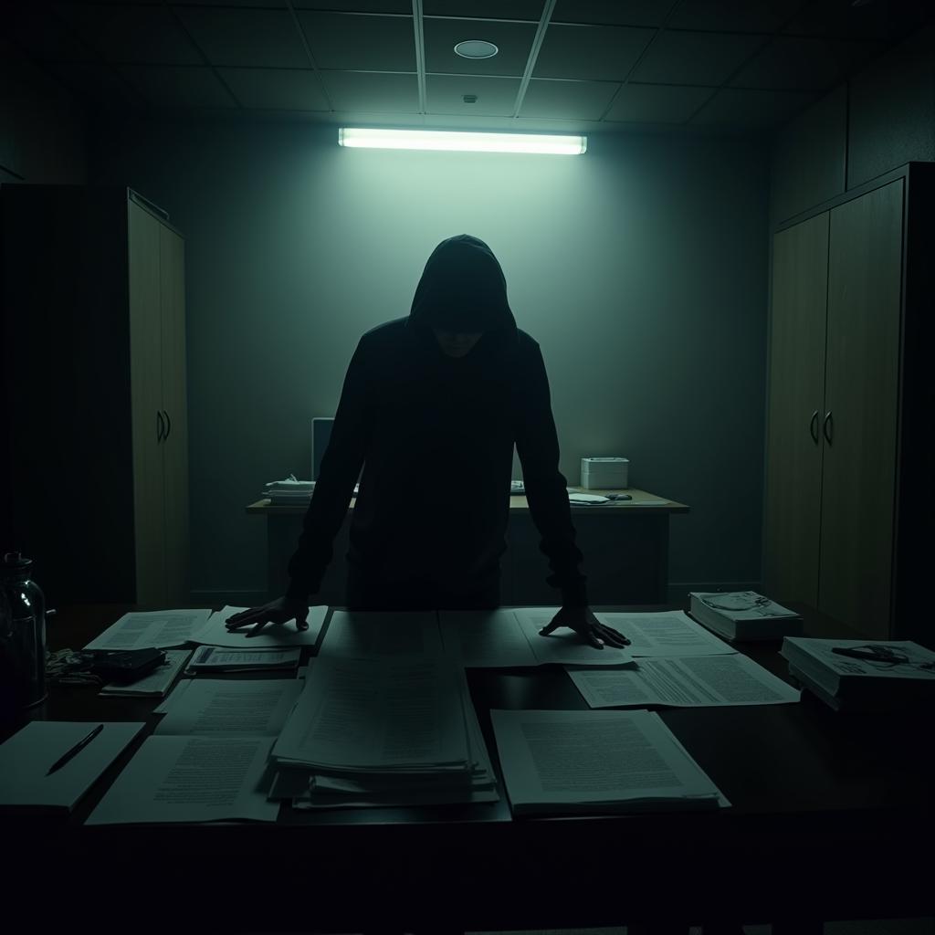 Atkins Research Global Investigation - A shadowy figure examines documents in a dimly lit room.