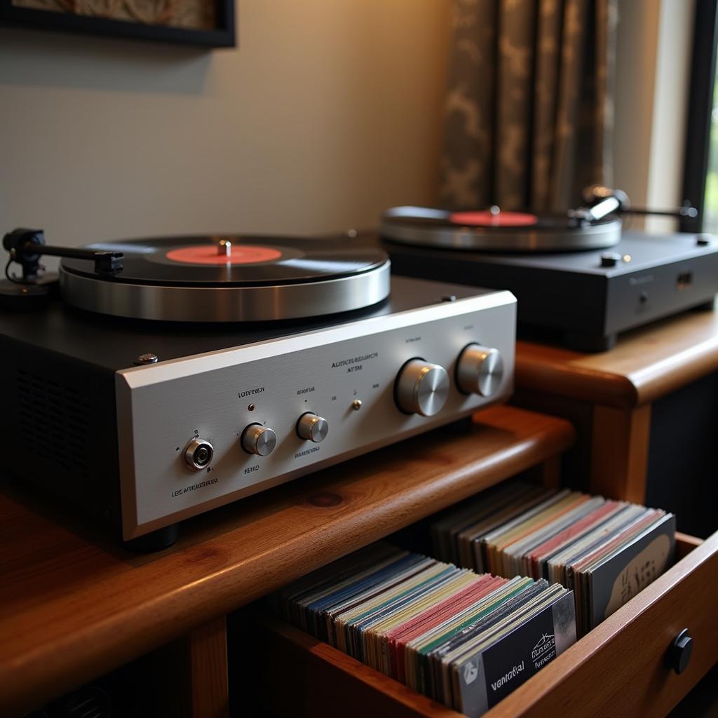 Audio Research amplifier paired with a turntable and vinyl records.