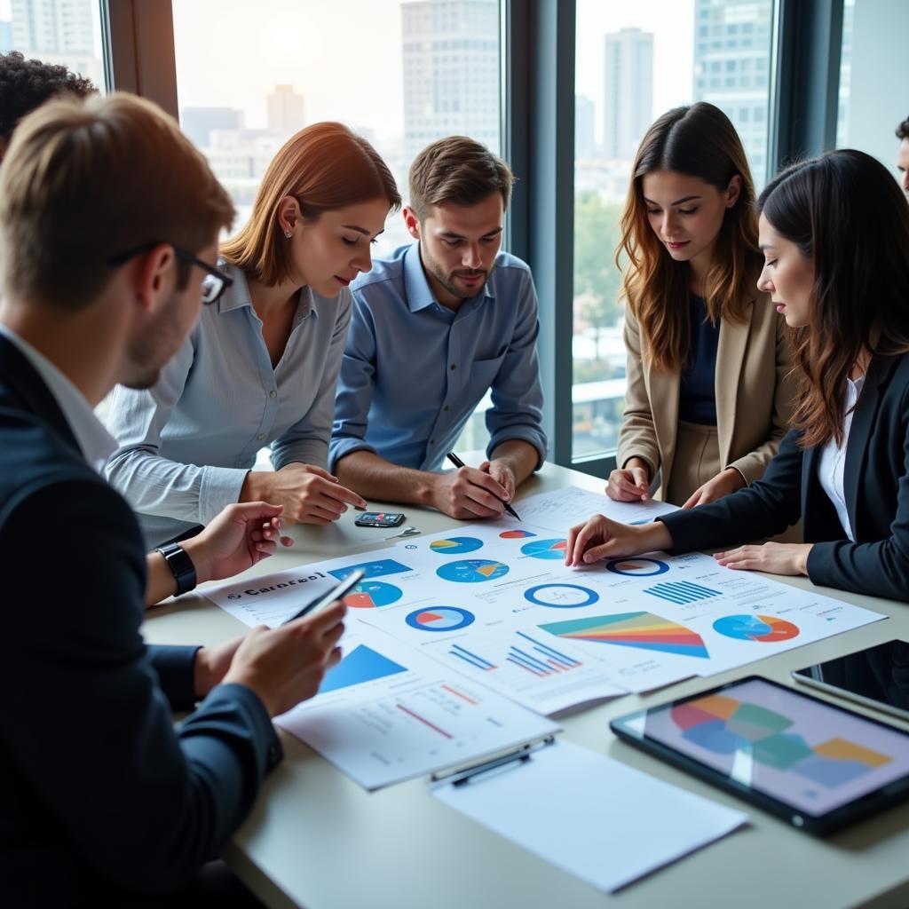 Business people analyzing competitor data in a meeting room, illustrating BBC Research & Consulting's competitive intelligence services