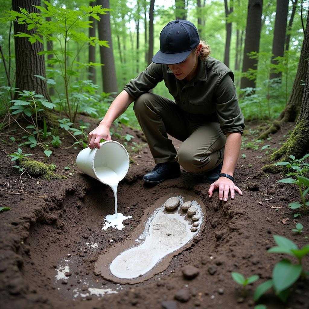 Researchers create a plaster cast of a large footprint discovered during a northern tier Bigfoot investigation.