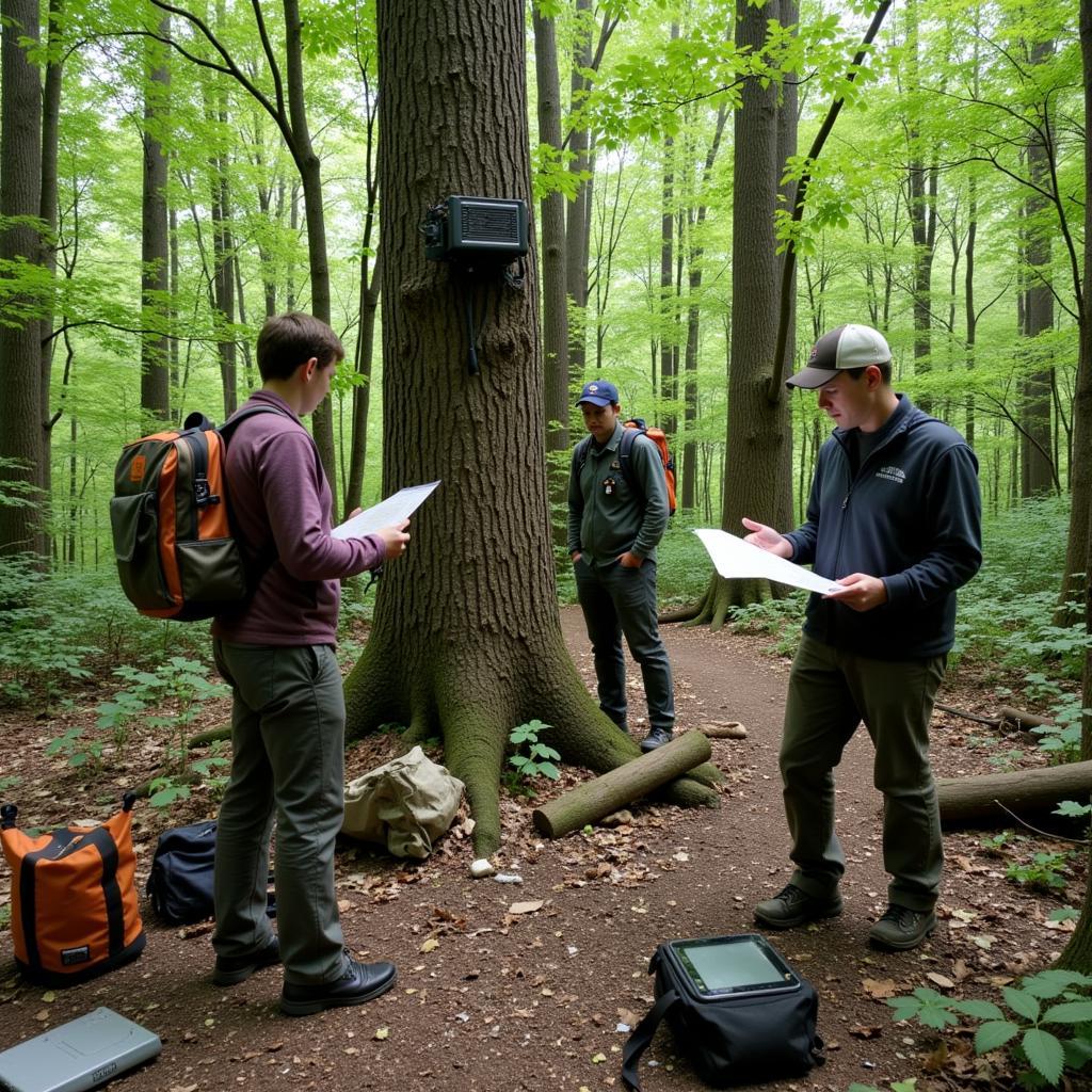 Bigfoot research team setting up camera traps and collecting footprint casts in a forested area