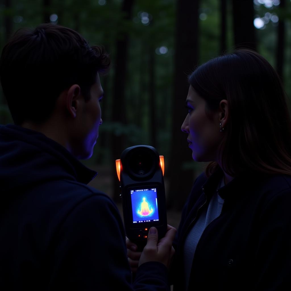 Researchers using thermal imaging cameras to scan a forested area at night