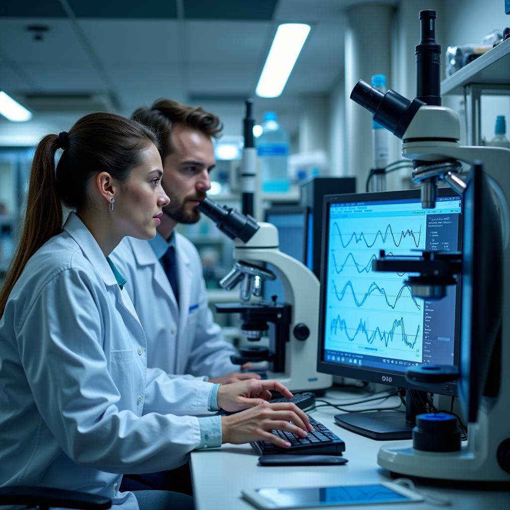 Scientists conducting genetic research in a lab