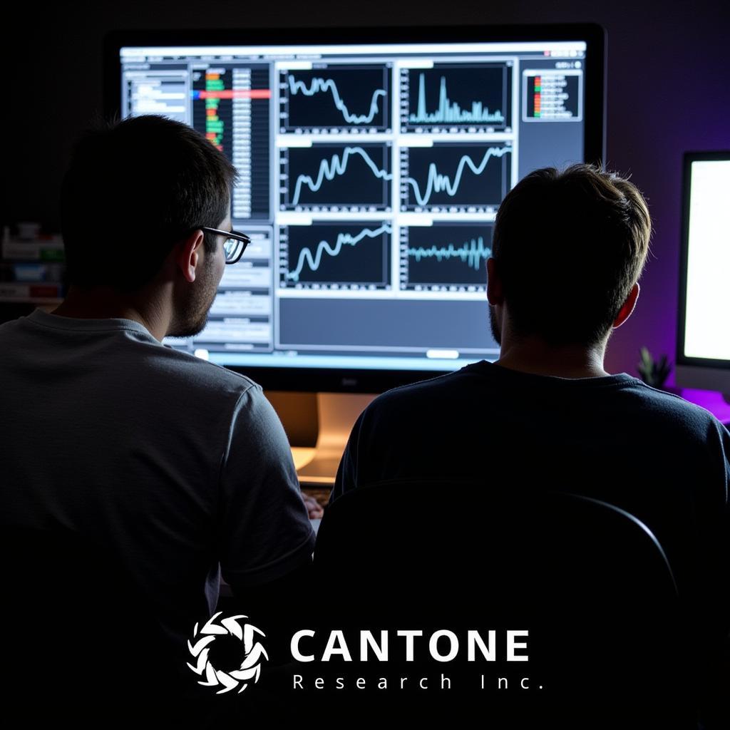 Two Cantone Research Inc. researchers analyzing data on a computer screen, charts and graphs depicting various paranormal readings.