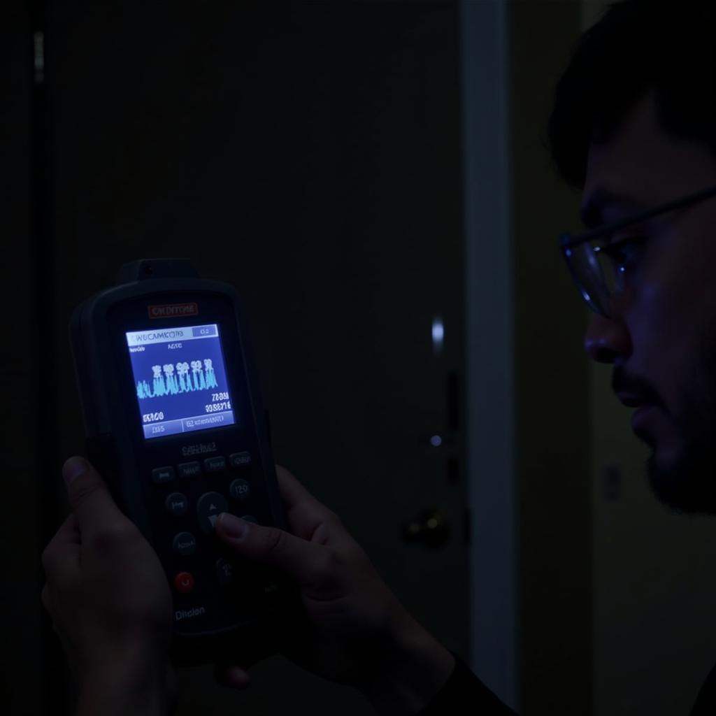 A Cantone Research Inc. investigator holding an EMF reader in a darkened room, its display illuminated with fluctuating readings.