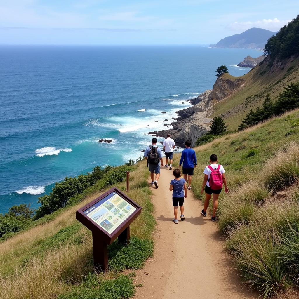 Visitors enjoying the scenic hiking trails at Cape Arago Research Reserve with ocean views