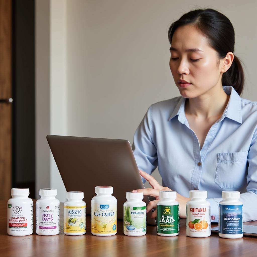 A person researching nerve support supplements on their computer, with various bottles of supplements on the table