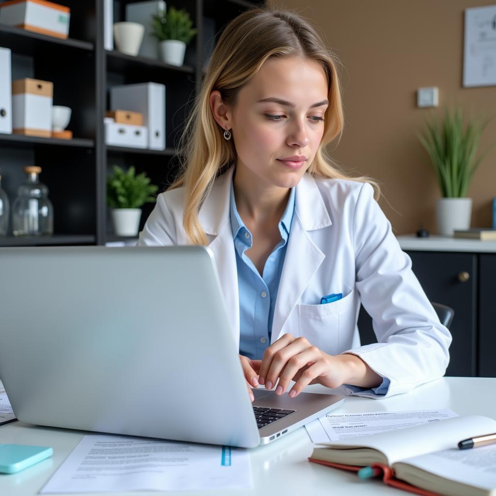 A clinical research assistant diligently works on a laptop, reviewing patient data and ensuring accuracy for a clinical trial.