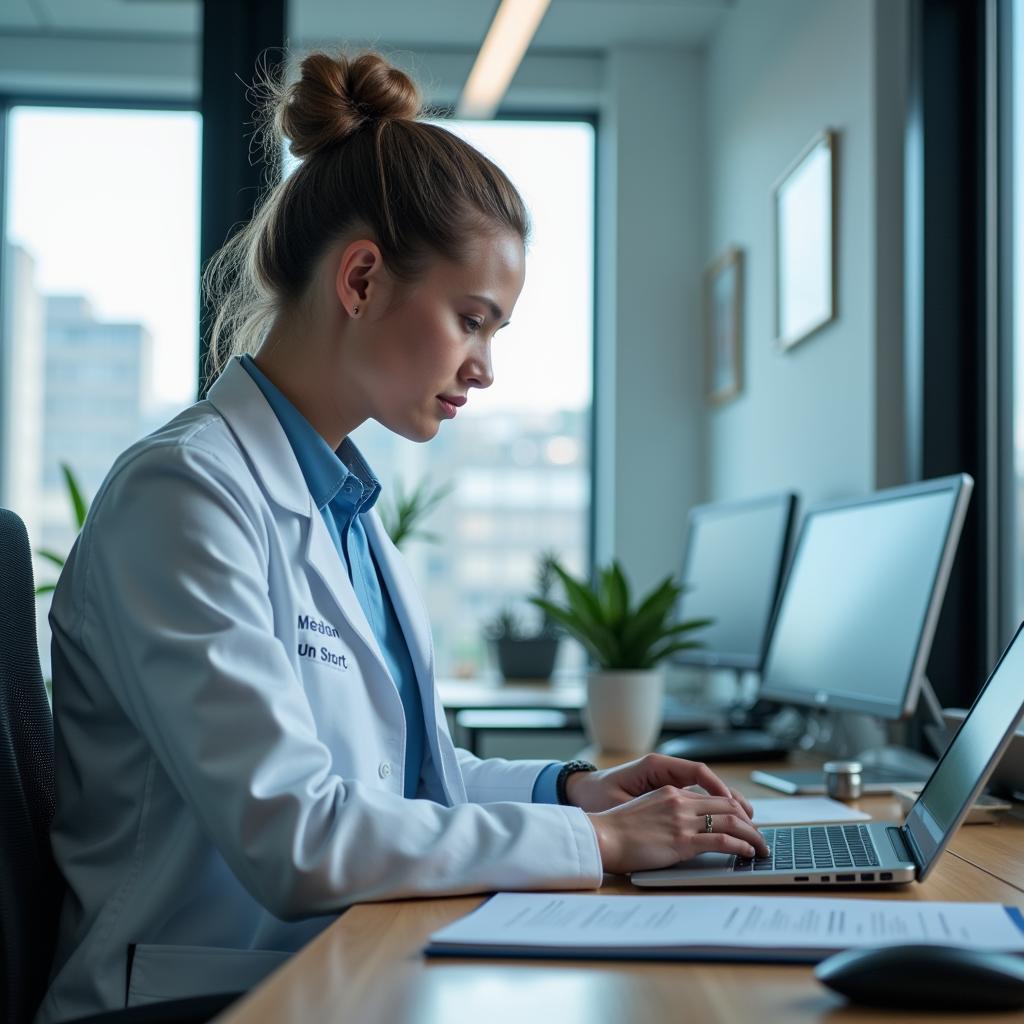 A clinical research associate diligently working on a laptop, reviewing patient data and ensuring compliance with study protocols.