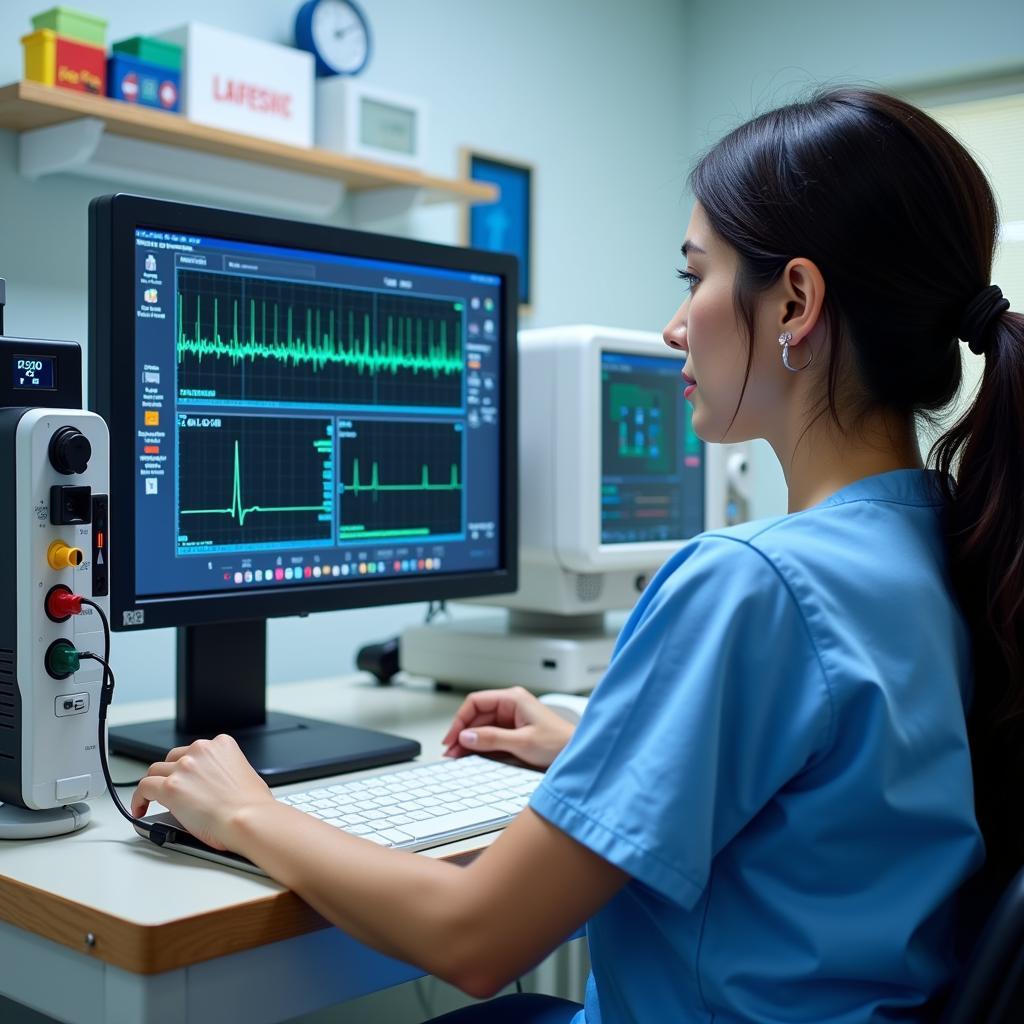 Clinical research nurse monitoring patient vital signs during a clinical trial