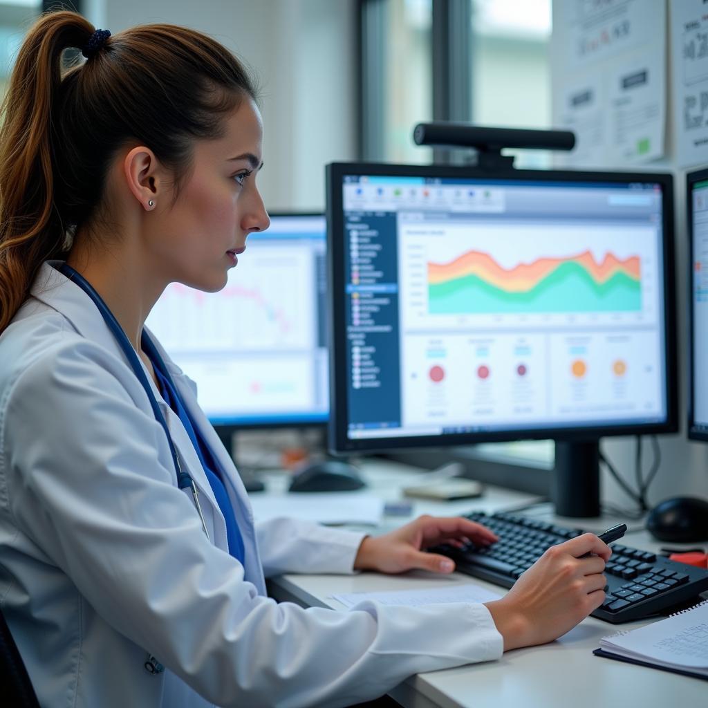 A clinical research nurse meticulously reviews patient data, highlighting the importance of accuracy and attention to detail in clinical research.