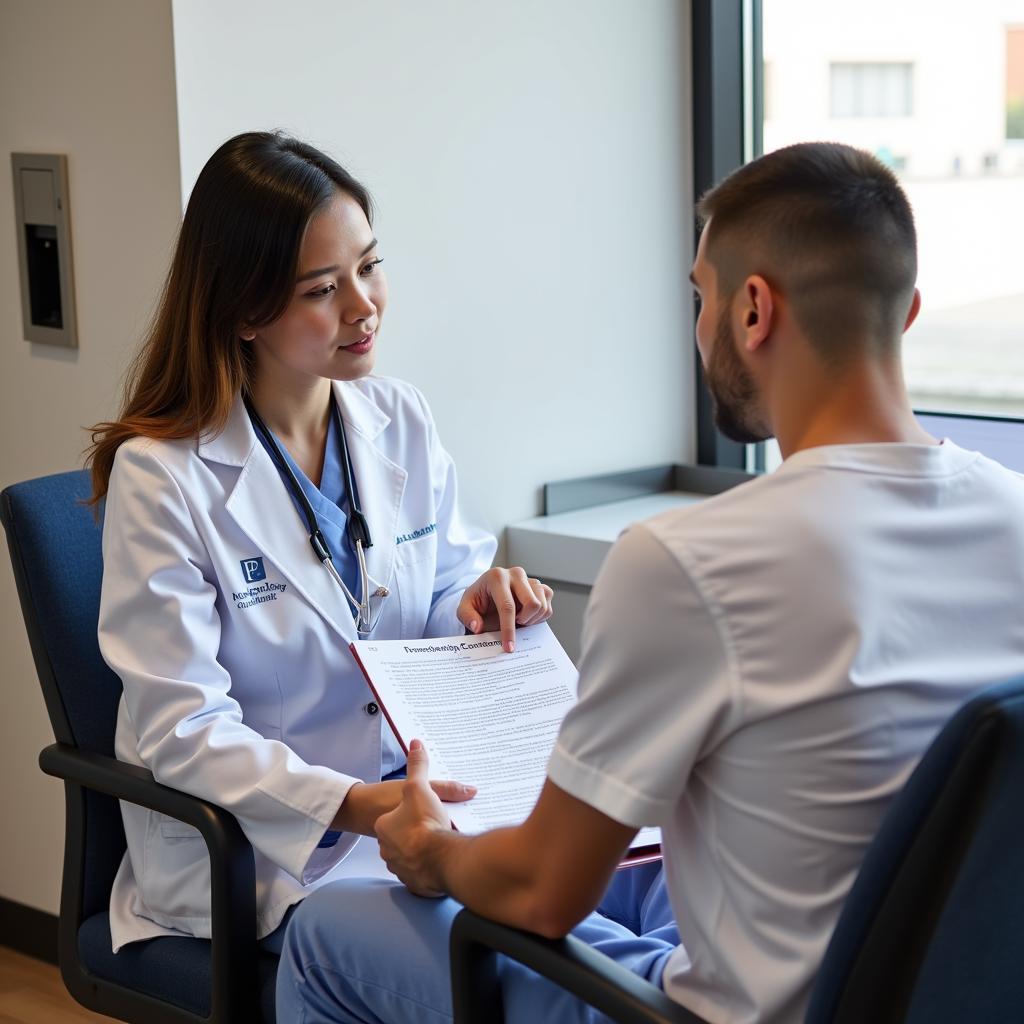 A clinical research nurse explains study details to a patient.