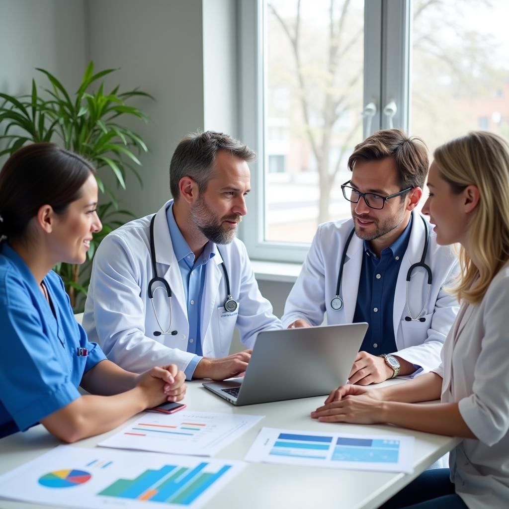 Clinical research team discusses study progress.