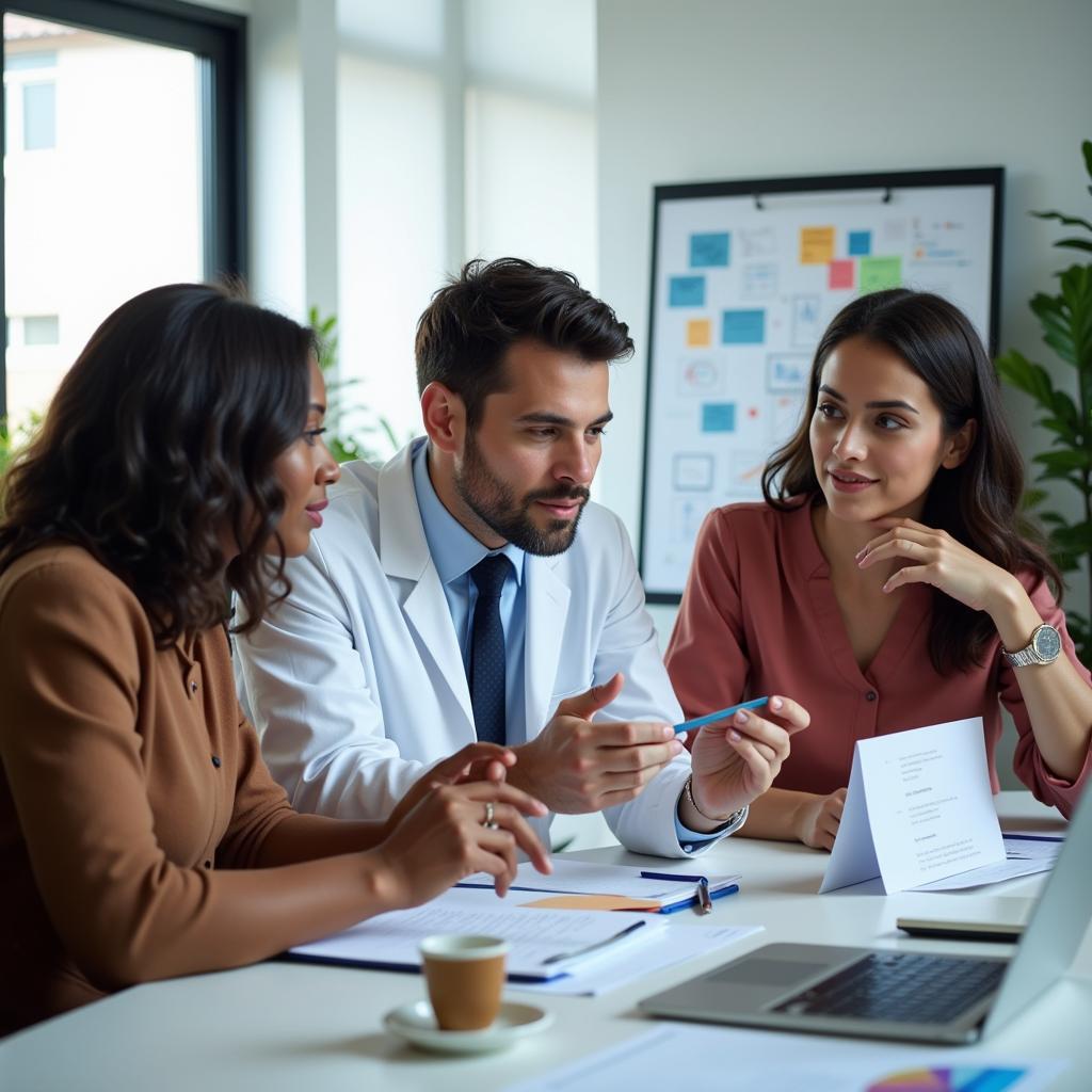 Diverse team of clinical research professionals meeting to discuss project updates and strategize next steps for a clinical trial.