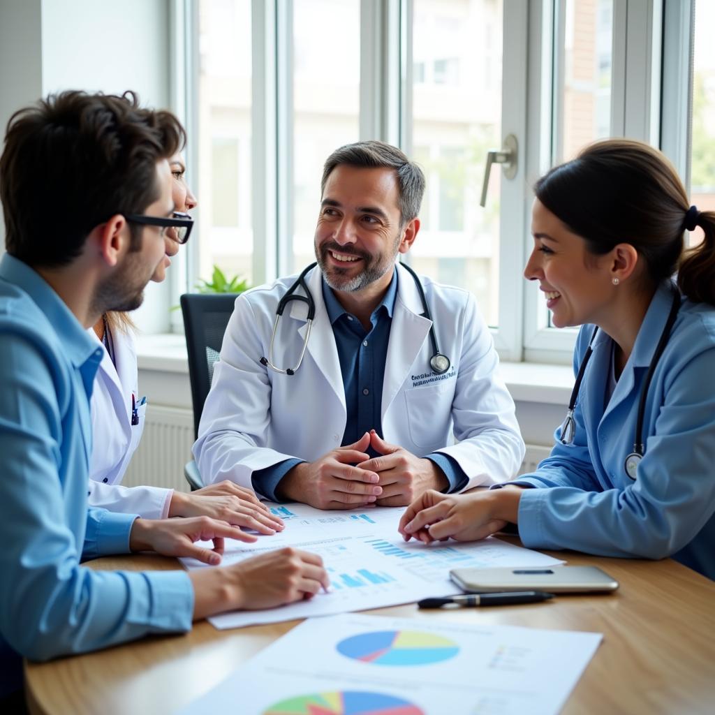 Clinical research team discusses trial progress in a meeting