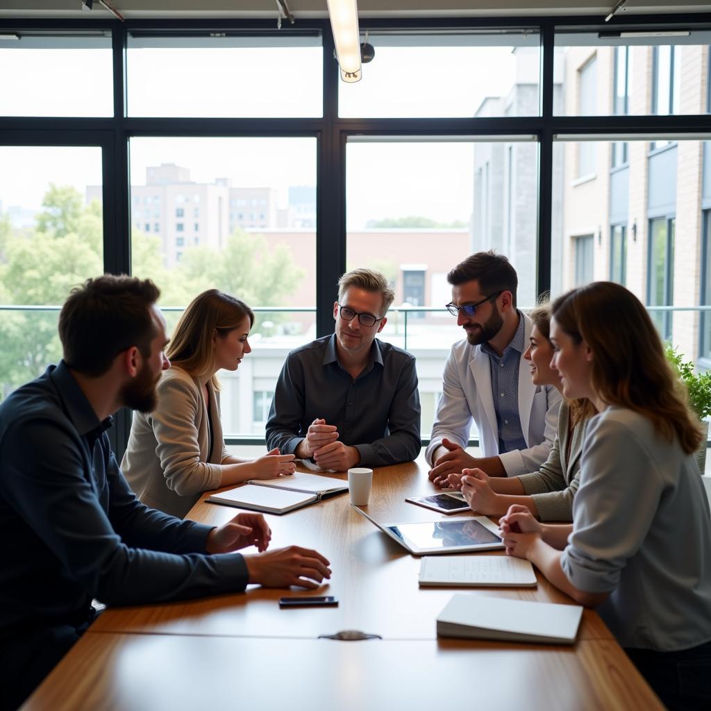 A clinical research team meeting in a modern office in Austin