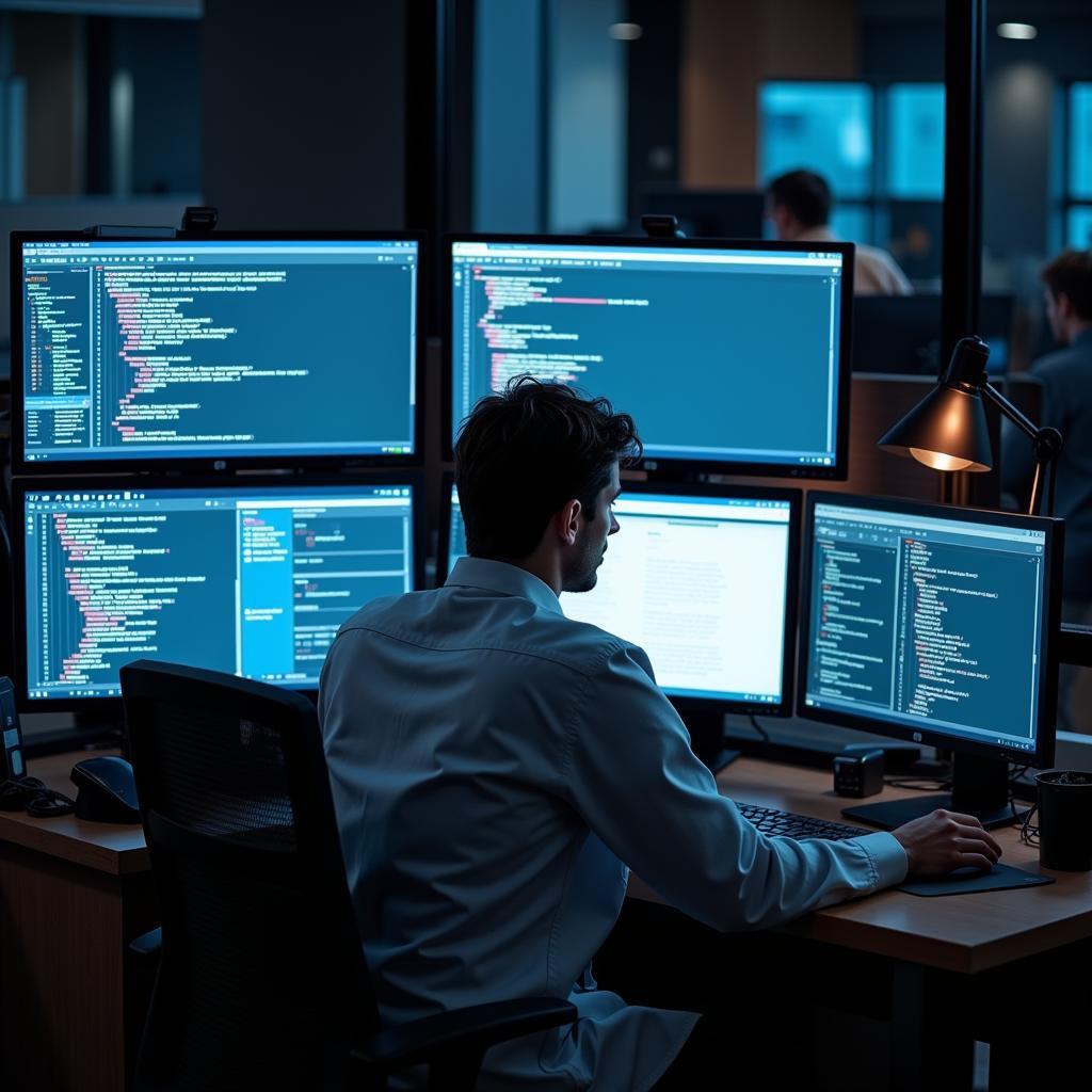 A computer and information research scientist analyzing data on multiple monitors