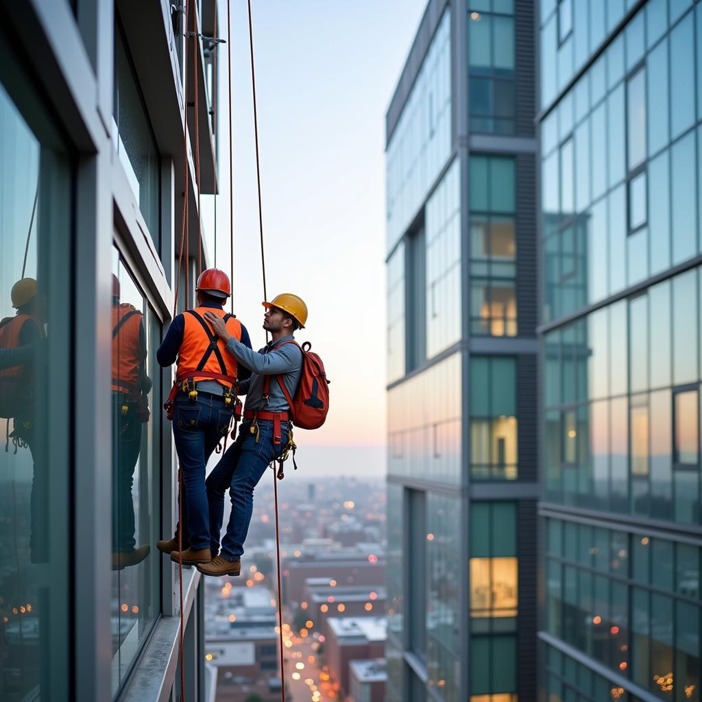 Construction workers utilizing advanced fall protection equipment on a high-rise building.