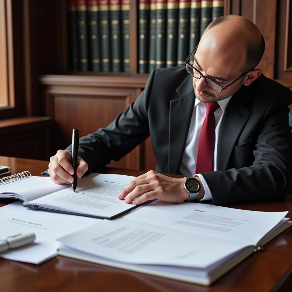 Court researcher diligently reviewing legal documents at a desk.