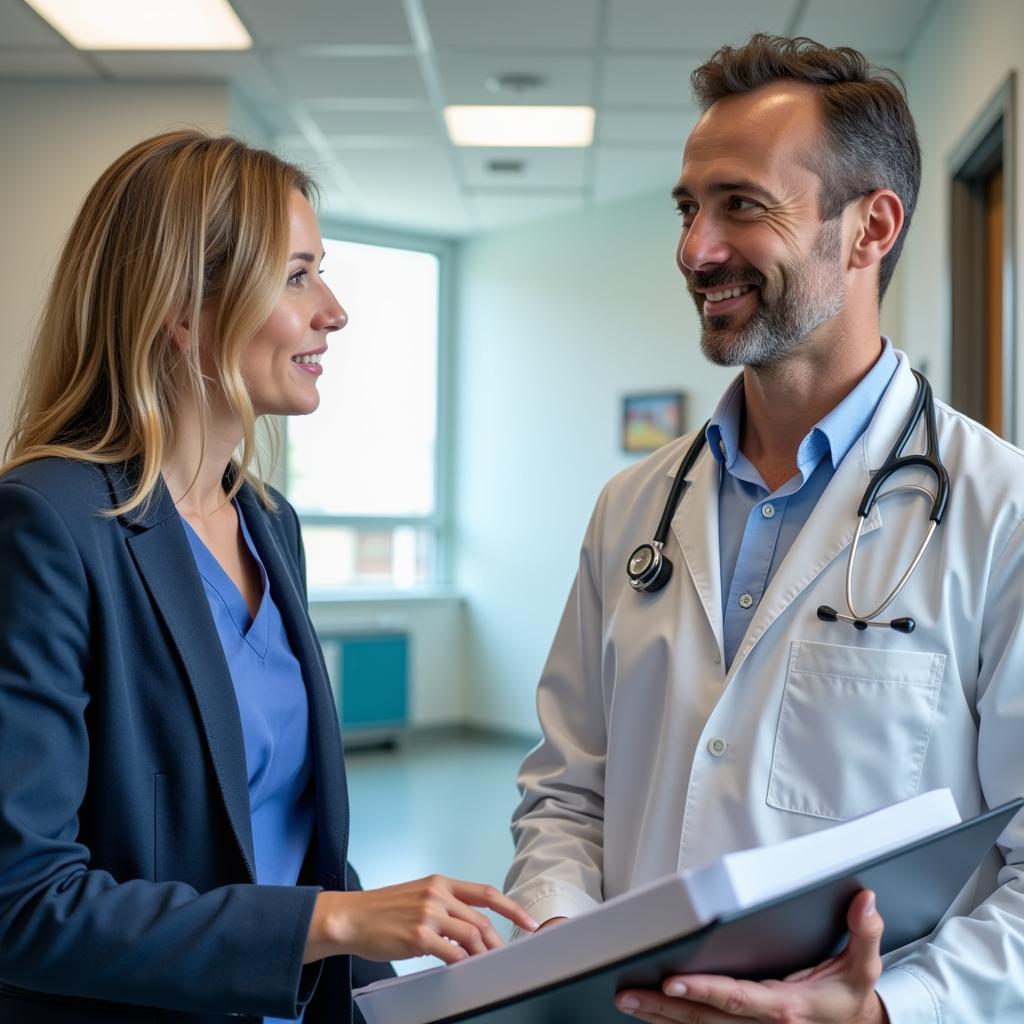 CRA conducting a site visit at a hospital, reviewing patient records and discussing trial progress with a medical professional.