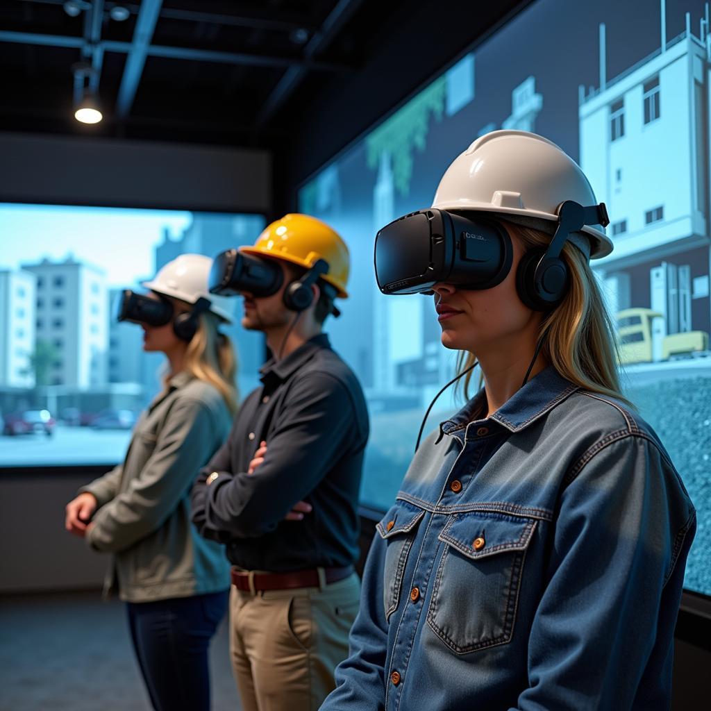 Construction workers using virtual reality technology to simulate hazardous scenarios and practice safety procedures.