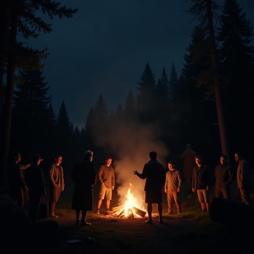 A group of people gathered around a bonfire listening to stories.