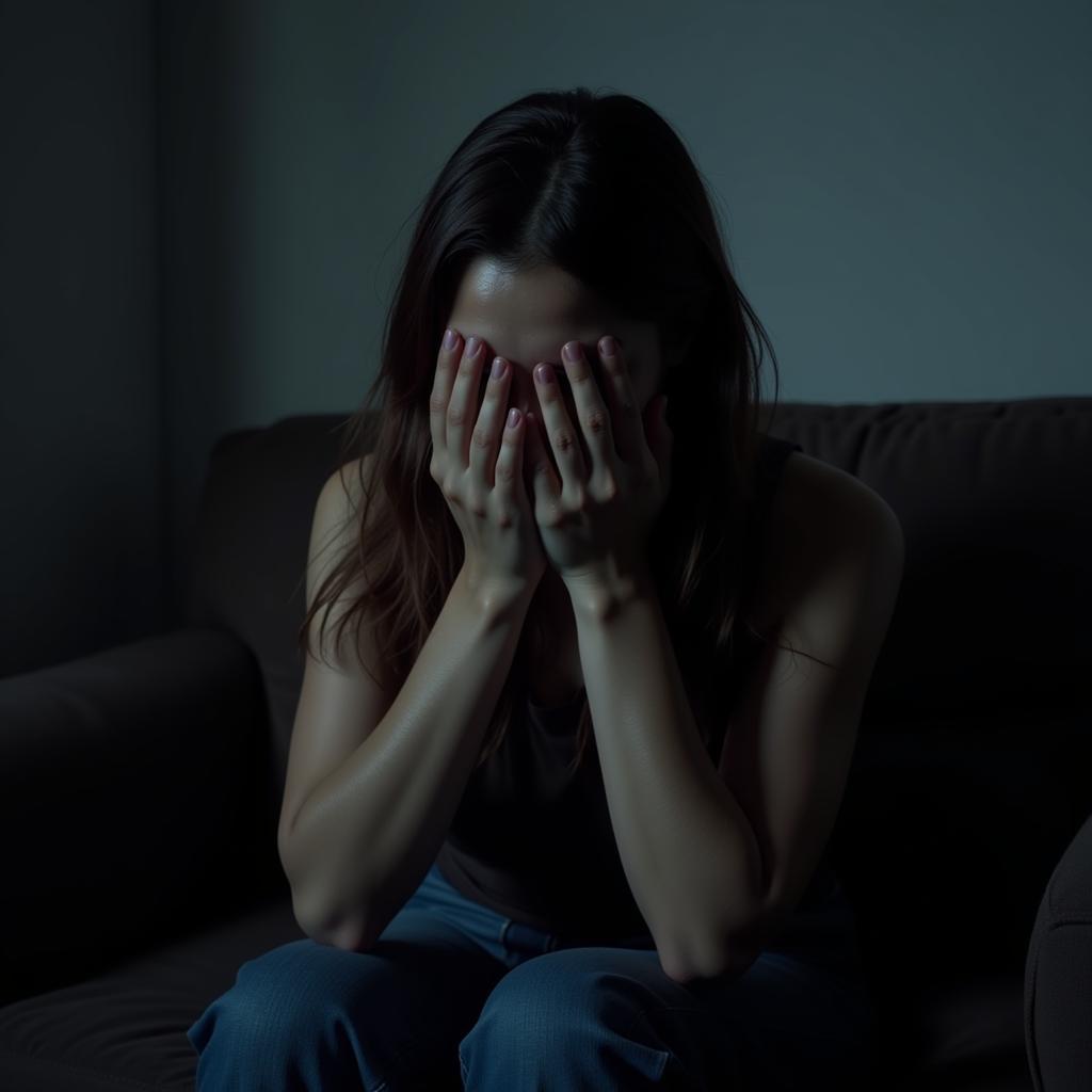 Domestic Violence Psychological Impact: A woman shielding her face, representing the emotional toll of abuse.