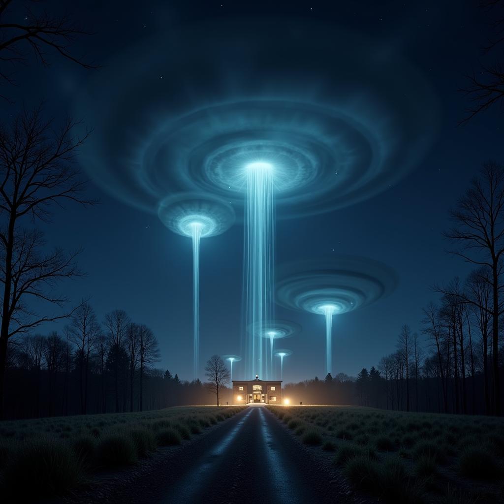 Depiction of Paranormal Activity at Dryden Flight Research Center: An artist's rendition of strange energy fluctuations around the Dryden Flight Research Center, with glowing orbs and distorted light effects in the night sky.