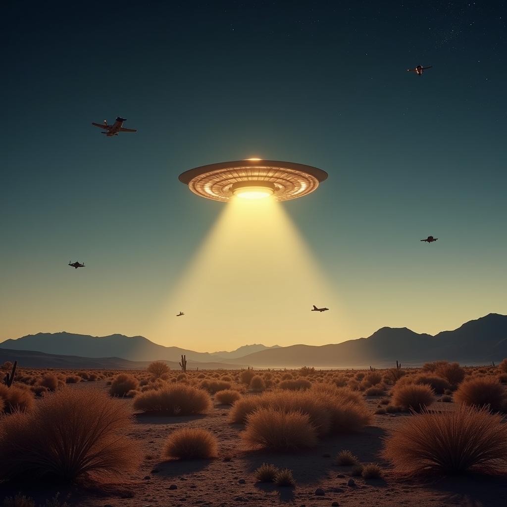 Dryden Flight Research Center UFO Sightings: An illustration depicting a glowing, unidentified object hovering near the Dryden Flight Research Center, with research aircraft in the background and the Mojave Desert landscape below.