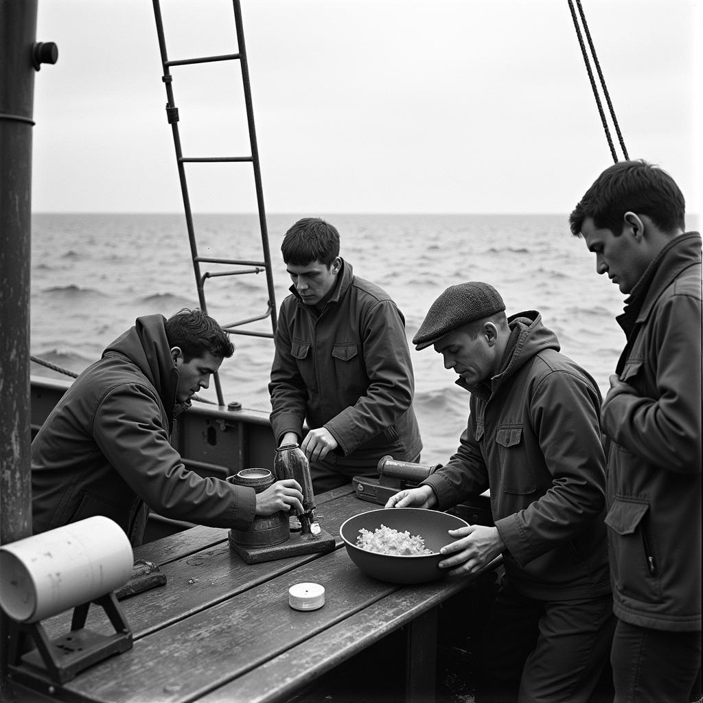 Researchers collecting data on a research vessel in the Pacific Ocean