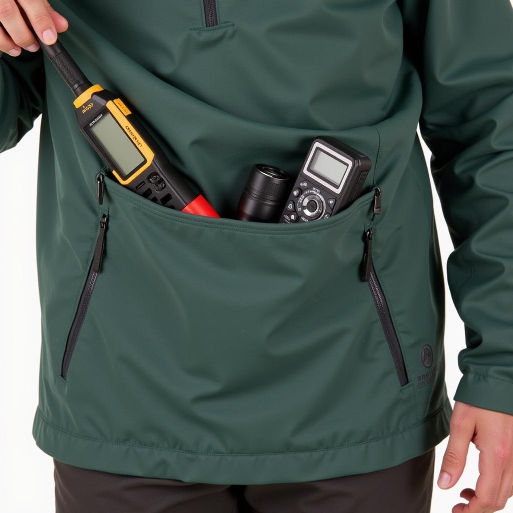 Close-up view of the Outdoor Research Echo Hoodie pockets with paranormal investigation equipment