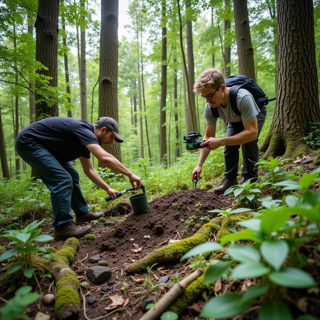 Researchers collecting data in a forest ecosystem