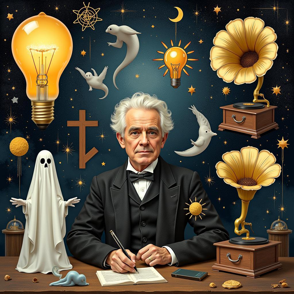 Edison's Paranormal Research Legacy: Montage of Edison's inventions alongside symbols representing the afterlife.