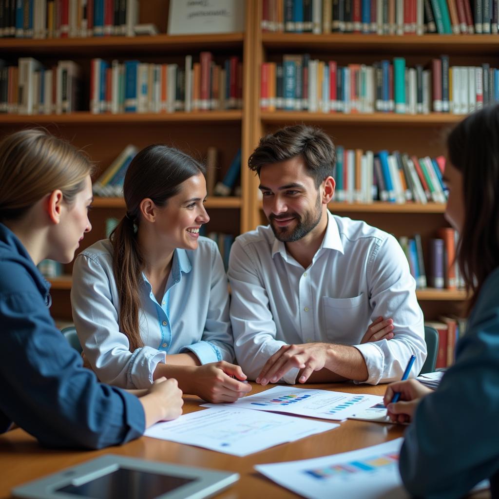 Researchers collaborating in a university setting