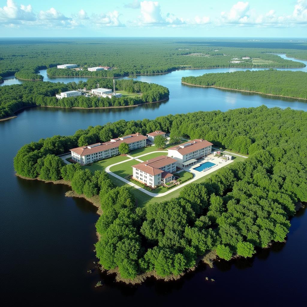 Aerial view of the Everglades Research and Education Center within the vast Everglades landscape