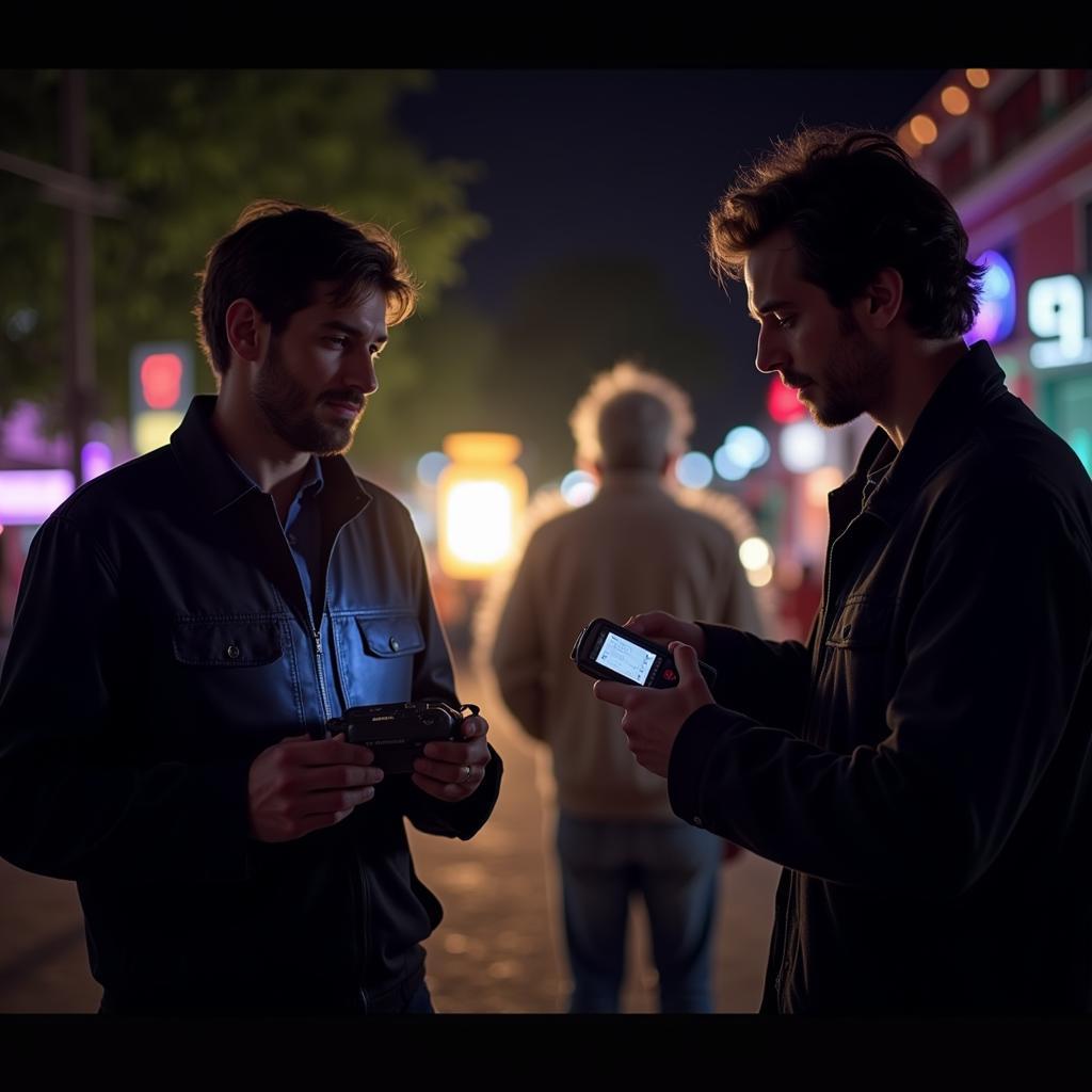 Paranormal investigators using equipment at a festival of lights.