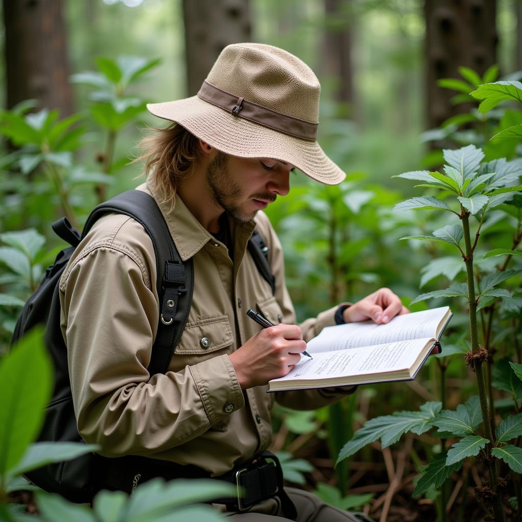 Field biologist collecting samples in a rainforest