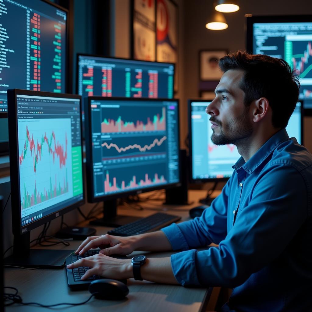 Financial Analyst Analyzing Data on Multiple Screens