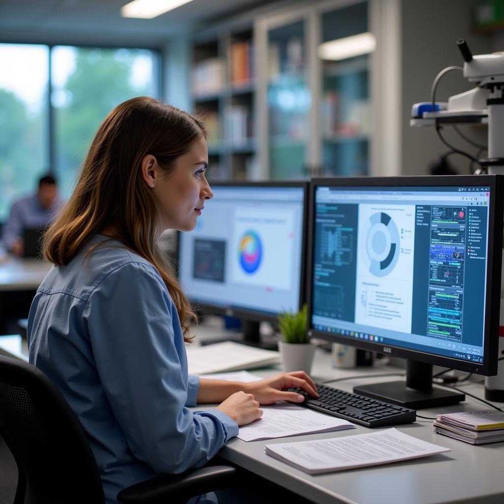 A student researcher reviews data on a computer screen.