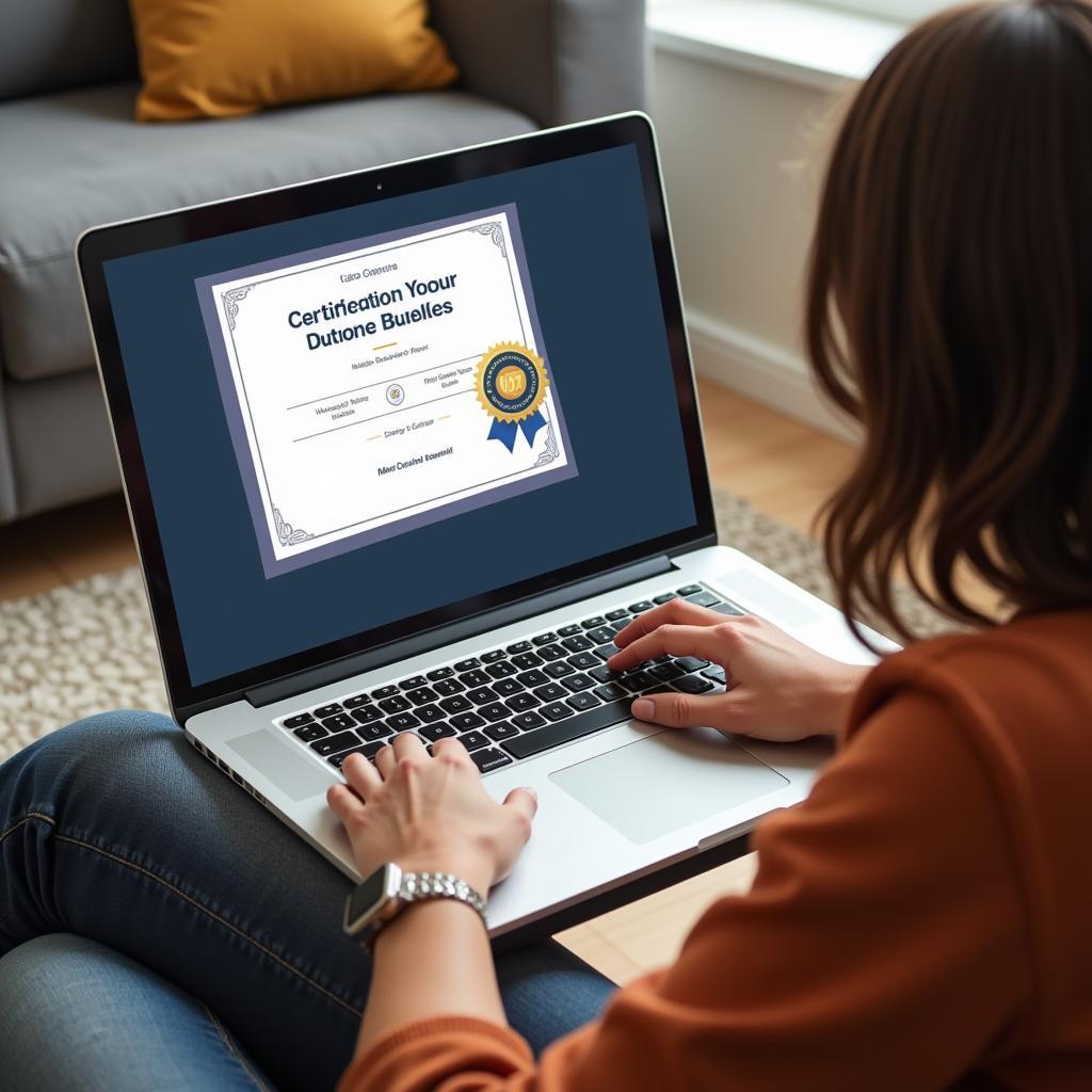 Person studying online research course with certificate on laptop