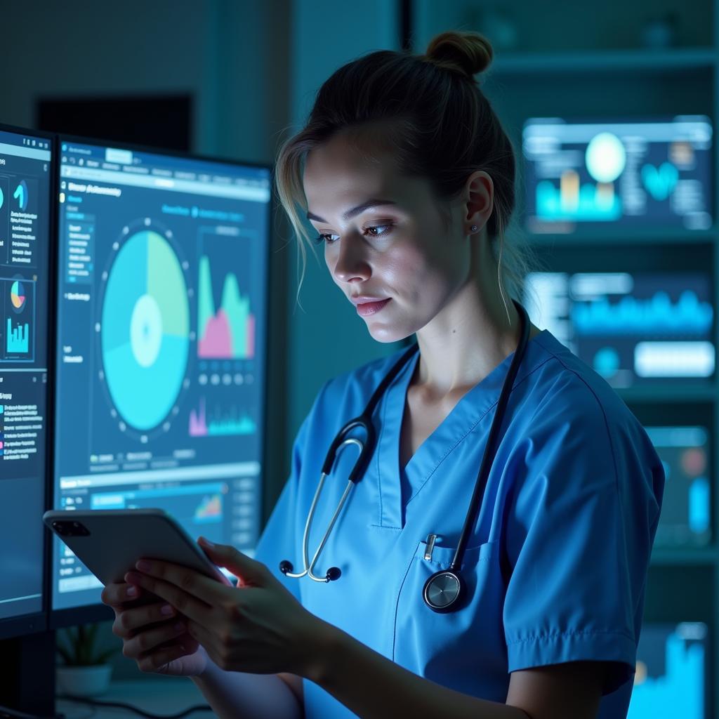 A futuristic image showcasing technological advancements in nursing research, like AI and data analysis.