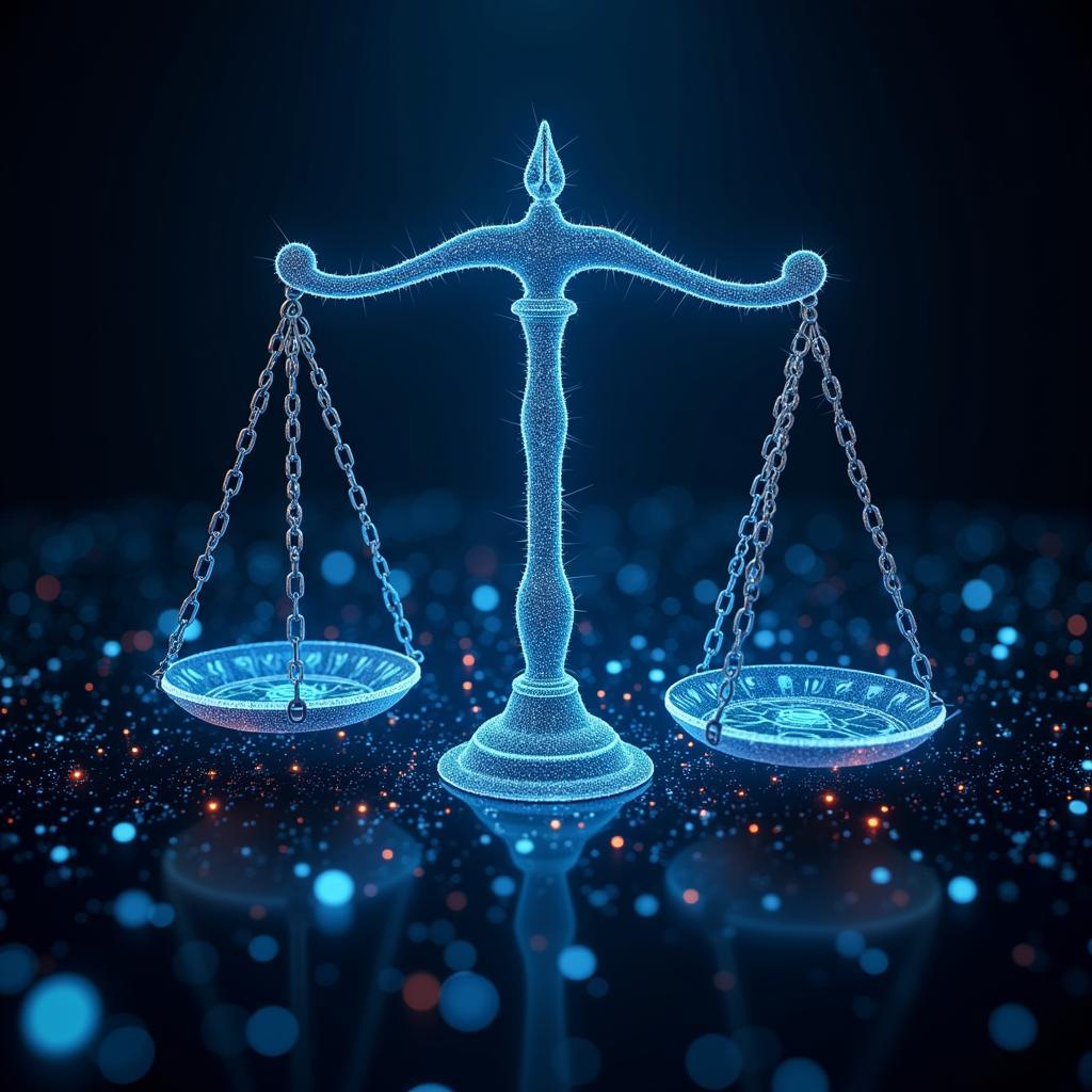 Conceptual image depicting the future of legal research with elements of artificial intelligence, machine learning, and data analytics.