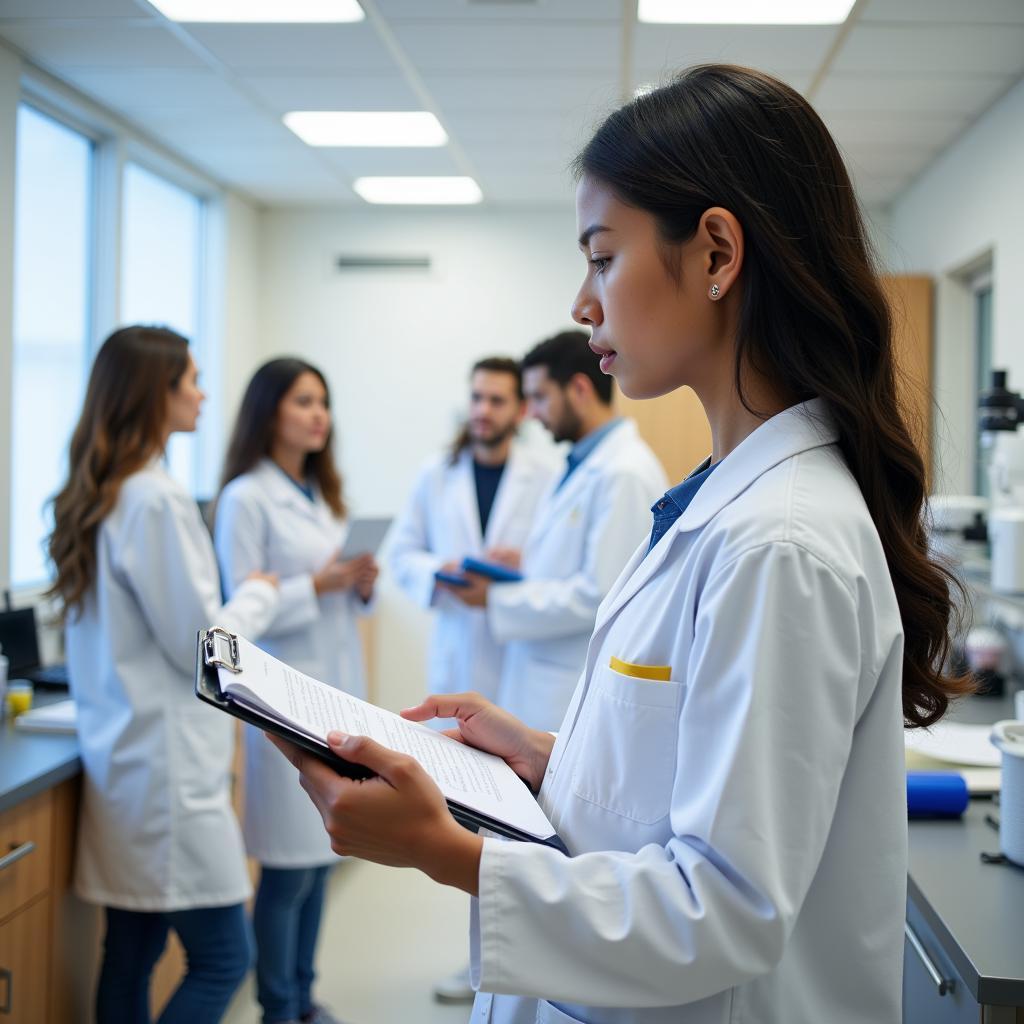 A student diligently taking notes while observing a clinical research trial.